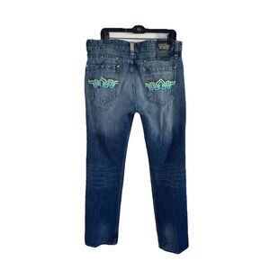 Crown Holder Straight Jeans Men 34 Blue Denim Cotton Beaded Embroidered Mid Rise